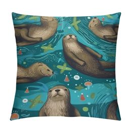 Animals Body Pillow Case Cover with Zipper, Brown Otters Swimming in Water with Ornamental Seaweed and Corals, Decorative Accent Long Pillowcase,