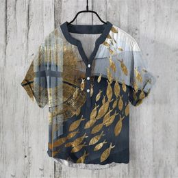 Men's Casual Shirts Youth Oversized Summer Linen Pullover V-neck Short Sleeved Shirt With Underwater World Print Fashion Hawaiian