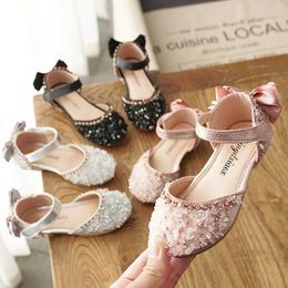 Sandals New Kids Leather Shoes Girls Wedding Children Princess Sequins Bow Casual Dance Flat WX5.28FTEA