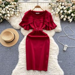 Light mature style womens clothing design multi-layer ruffle edge round neck high-end feeling slim fit medium length buttocks wrapped skirt womens dress