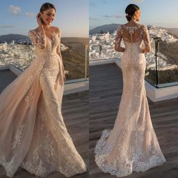 Vestidos de noiva clássicos de sereia para mulheres o pescoço mangas compridas vestido de noiva Apliques de renda
