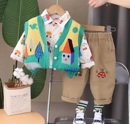 Clothing Sets 2024 Autumn Winter Baby Clothes Toddler Boys Outfits Kids Cartoon V-neck Sleeveless Sweater Vest Shirts Pants 3Pcs Tracksuits