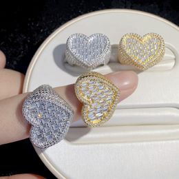 Big Heart Shaped Ring Full Paved White Baguette CZ Iced Out Bling Square Cubic Zircon Fashion Lover Jewellery for Women Men 320b