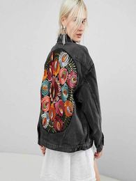 Denim Jacket Boho Oversized Multi Floral Embroidered Long Sleeve Casual Chic Jacket Coat Women 2020 New Spring Autumn Clothes2711242