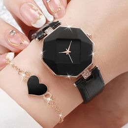 Wristwatches Women's Polygon Quartz Watch Pointer Analogue PU Leather Wrist & Heart Bracelet Gift For Her