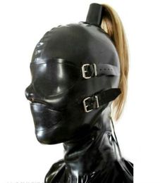 Sexy Black Latex Hood Rubber Mask With Eyes And Mouth Cover Latex Mask Back Bandage Pullthrough Ponytail Hole Without Hair4516178