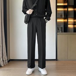 Spring Summer Men Suit Pants Wide Leg Long Drape Trousers Fashion Streetwear Clothing Solid Stretch Waist Oversize Black 240527