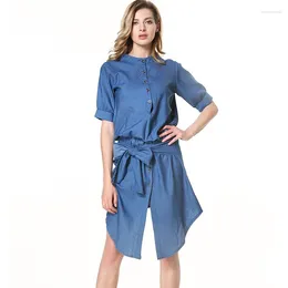 Party Dresses Women Light Blue Casual Open Wide Buttons Connect Sashes Jeans Dress Irregular Hem Bandage Denim Split Spring LXT152