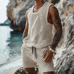 Men's Tracksuits 2024 Summer Casual Men Clothing Knitted Two Piece Set Short Sleeve O Neck Shirt And Shorts Suit Male Hollow Out Beach