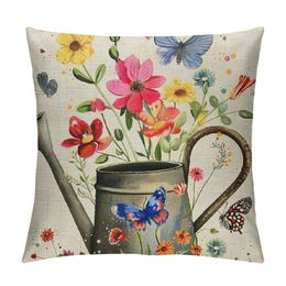 Spring Floral Pillow Cover Flower in Watering Can and Butterfly Decorative Throw Pillow Case Spring Outdoor Cushion Cover for Home Couch Sofa Farmhouse Decor