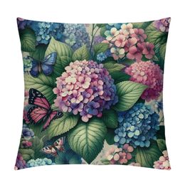 Throw Pillow Covers Square for Home Decor, Blue Pink Purple Hydrangea Flowers Grey Buffalo Plaid Pillow Case Sofa Soft Cushion Cases for Couch Bed Car Chair