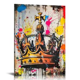 Bedroom Wall Decor Crown Graffiti Wall Art, King Crown Canvas Print Artwork Abstract Poster Painting Pop Decor, Frame Modern Home Office Pictures for Wall