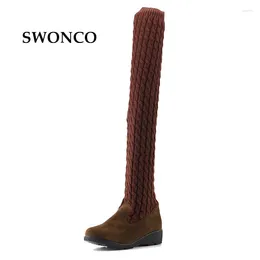 Boots Women 2024 Autumn Winter Ladies Fashion Flat Bottom Shoes Over The Knee Thigh High Knitting Wool Long Brand