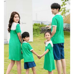 Family Look Mother and Daughter Equal Short Sleeve Dress Neck Mom Baby Girls Cute Green Dresses Dad Son Matching Shorts Outfits