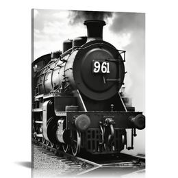 Train Canvas Wall Art - Vintage Black and White Red Steam Train Picture Wall Decor Framed Large Panels Rustic Old Train Industrial Artwork for Home Boy Bedroom Office