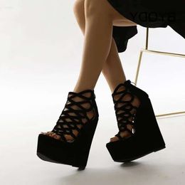 Hollow Sandals Cut BYQDY Summer Outs Women Rome Open Toe Flock Cover Heel Female Wedges High Heels Lady wi 43f s