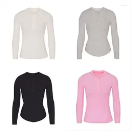 Women's T Shirts Kardashian's Same Style Threaded Round Neck Half Open Button Long Sleeved T-shirt