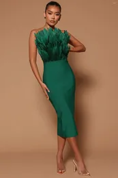 Casual Dresses Arrival Green Brown Rosered Women Sexy Feathers Off The Shoulder Bodycon Mid-calf Dress Rayon Bandage Birthday Party Costume