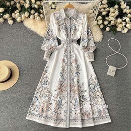 Spring and autumn new lantern sleeve lapel single breasted printed dress womens waist up big swing court style dress