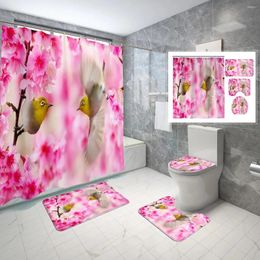 Shower Curtains Flower-bird Curtain Set Plant Bathroom Non-slip Carpet Bath Mat Toilet Lid Decoration