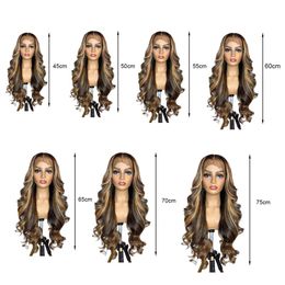 Women Long Curly Wig Middle Part Silky Heat Resistant High Temperature Fiber Ladies Gradient Color Front Lace Synthetic Hair