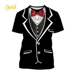 2024 Summer New hot Men's Tuxedo Retro Tie Suit T-shirt Bow Tie 3d Print T-shirt Casual Short-sleeved Street Funny Fake Suit Top