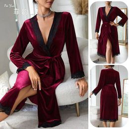 Home Clothing European And American Long Style Bathrobe Lace Light Luxury Sleeved Velvet Sexy Nightgown Wine Red Night-robe