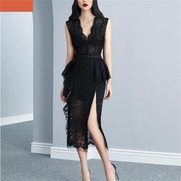 Summer Robe Femme Korean Elegant Lace Cotton Maxi Dress Women Sleeveless VNeck Embroidered Mermaid Long Party 2106039534386