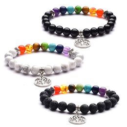 Beaded Tree Of Life Charm Bracelets For Women Men Lava Rock White Turquoise Black Agate Natural Stone Beads Chains Fashion 7 Chakra D Dhzmx