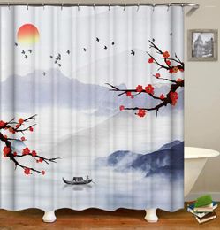Shower Curtains Plum Blossom Ink Landscape Sun Mountain Bird Lake Chinese Style Art Print Bath Curtain Bathroom Decor With Hooks