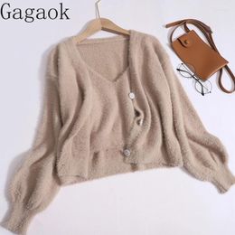 Work Dresses Gagaok Slim Long Sleeved Knitted Cardigan For Women's Autumn Short Breasted Plush Top V-neck Suspender Two-piece Set