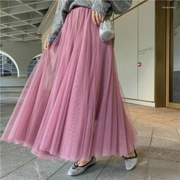 Skirts Elegant Tulle Skirt Autumn Winter Big Swing Women Korean Cute Pink Green Gray Blue Brown Black Long Tutu P293