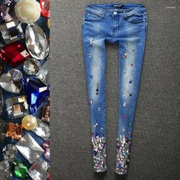 Women's Jeans Sewing Hand Rhinestones Diamond Denim Women Crop Legging Lady Capris Hole Fashion Skinny High Stretch Pencil Pants