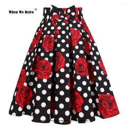 Skirts 2024 Black Rose Floral And Polka Dots Print Vintage Skirt SS0012 High Waist Women Clothing Pleated Midi