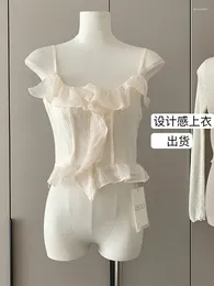 Women's Tanks Summer Women Korean Fashion Vintage Chiffon Camisole Crop Halter Tops Adjustable Ruffle Design Sexy Kawaii Y2k Streetwear