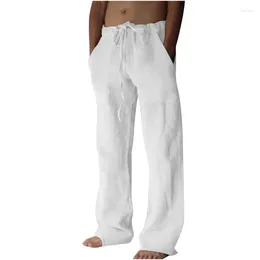 Men's Pants 2024 Summer Casual Loose Large Size Wide Leg Solid Color Lace Up Cotton Linen Comfortable