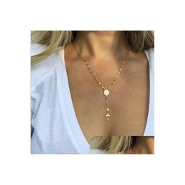 Pendant Necklaces New Cross Rosary Necklace For Women Virgin Mary Relius Jesus Crucifix Gold Sier Rose Chains Fashion Jewellery Drop Del Dhvfj