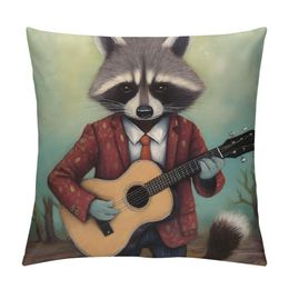 Animals Pattern Throw Pillow Covers Lovely Raccoon Wearing Red Suit Guitar Decorative Pillow Case Cushion Cover for Sofa Couch Square Pillowslip
