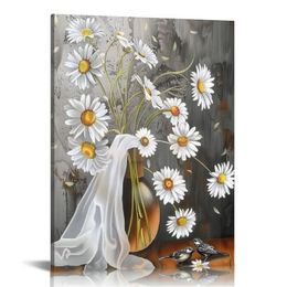 White Daisy Wall Art Flower in Bottle Pictures Painting Canvas Prints Modern Gallery Decor for Bedroom Bathroom Wall Decor Floral Poster Framed