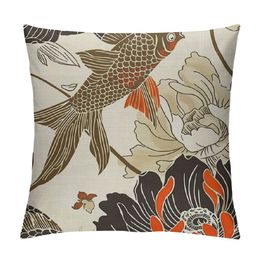 Pillowcase Cushion Case Oriental Chinese Nature Japan Fish Swim Brown Flowing Style Orange Ripple Line Koi Asian Textures Cozy,Pattern