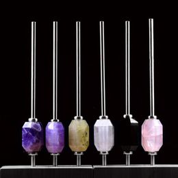 Reusable Adjustable 304 Stainless Steel Drinking Straws with Natural Crystal Healing Quartz Column 6 Colours Gift Box 238U
