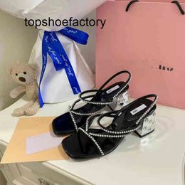 MiuMium Miuitysummer 2022 new style square head Rhinestone one line sandals women's open toe sexy thick heel silver high heels