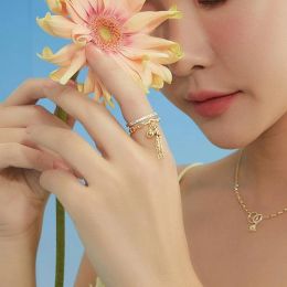 Three Stone Rings Korean Fashion Metal Ball Shaped Pendant Tassel Ring For Women Double Layer Zircon Retro Cross Adjustable Party Jewe Otnus