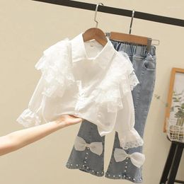 Clothing Sets Korean Spring Girl Top And Bottom Clothes Set Fashion Suit For Girls Lace Lapel Long Sleeved Shirt Bow Studded Jeans 2 Piece