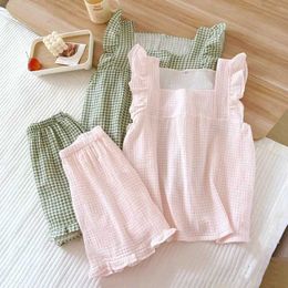 Women's Sleepwear 2024 Japanese summer new womens Pyjamas suit short-sleeved shorts two-piece 100% cotton crepe simple checked thin home clothes Q240528