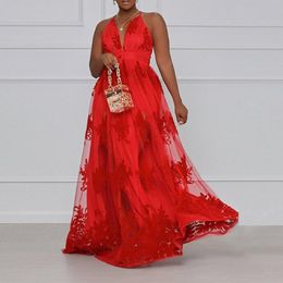 Plus Size Dresses Summer Maxi Dress Women's V Neck Halter High Waist Swing Embroidered Backless Female Red Sexy Mesh Party Long 2855