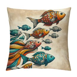 Square Decorative Fashion Throw Pillow Case Cushion Cover Colorful Fish (18 X 18, Beige)