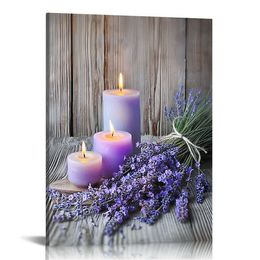 Lavender Bathroom Wall Decor Purple Flower Canvas Wall Art Rustic Floral and Candles Pictures Print Spa Bedroom Decor Frame