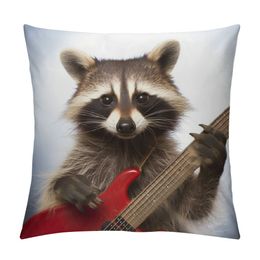 Cute Raccoon Playing Guitar Decorative Throw Pillow Covers Pillows Case Square Cushion Cover Cases Pillowcase with Zipper Sofa Home Decor for Couch Bed Patio Car