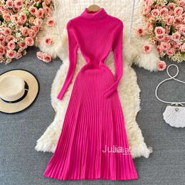Match with coat with bottom pleated long skirt slim and slim half high collar knee length wool dress womens Knitted Dress